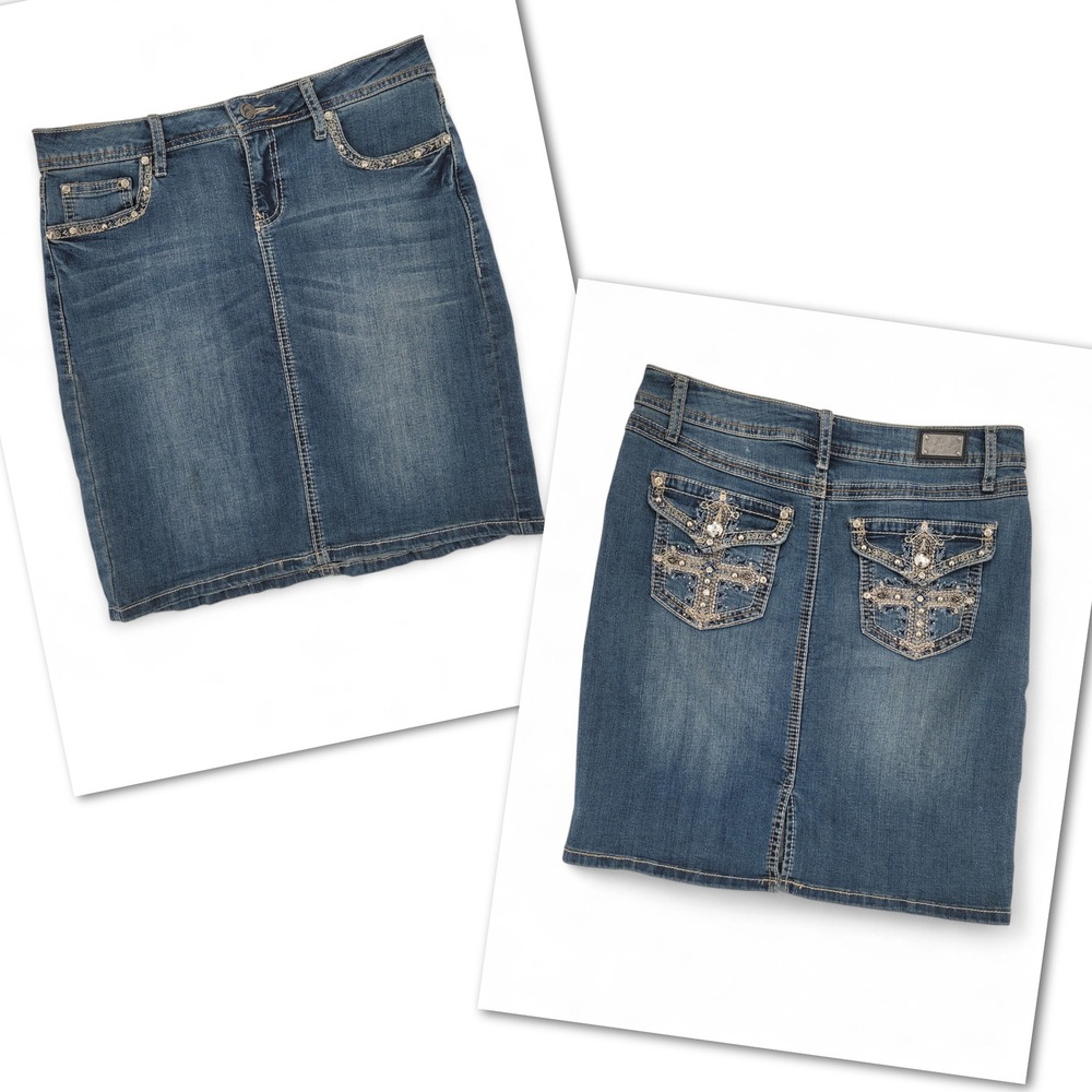 Y2K Earl Jeans Rhinestone Denim Mini Skirt 6P McBling Western Glam 2000s